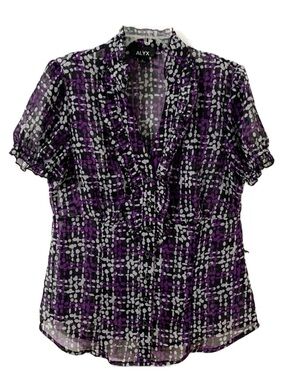 Alyx Sheer Dot PlaidShort Sleeve Blouse Ruffles at Sleeve & Neckline Down Bodice